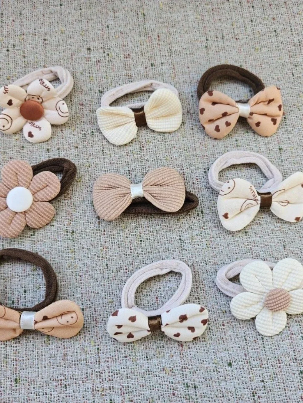 Girl Hair Ties Brown/Tan/Beige Tone Hair Accessories Flower Bow Style set of 9